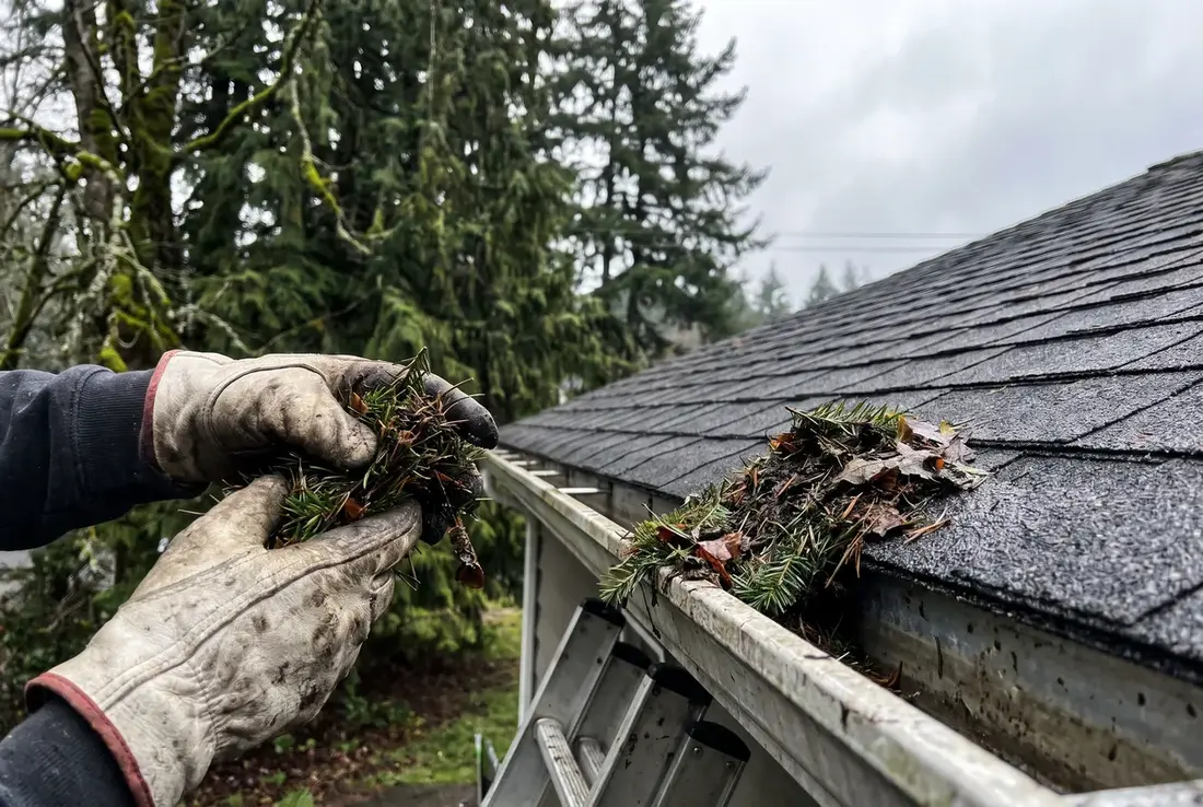 Scooping fir needles out of a rain gutter - serving Gresham, OR