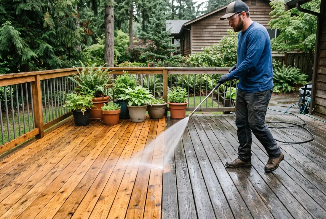 Washing a weathered cedar deck back to warm wood - serving Hillsboro, OR