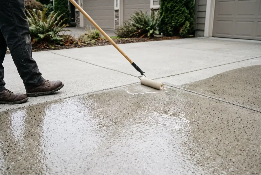Rolling clear sealer onto clean concrete - serving Olympia, WA
