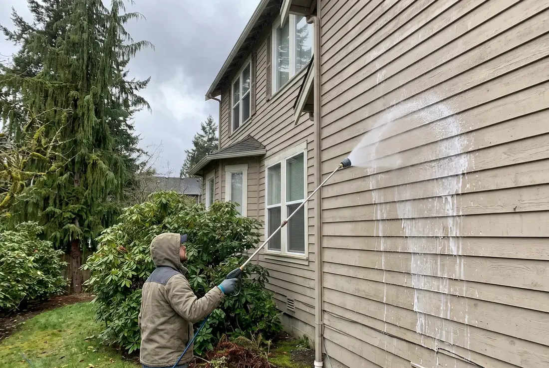 Soft washing lap siding on a two-story home - serving Vancouver, WA
