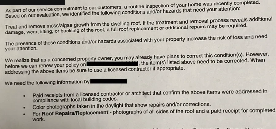 Redacted insurance inspection notice asking a homeowner to treat and remove roof moss