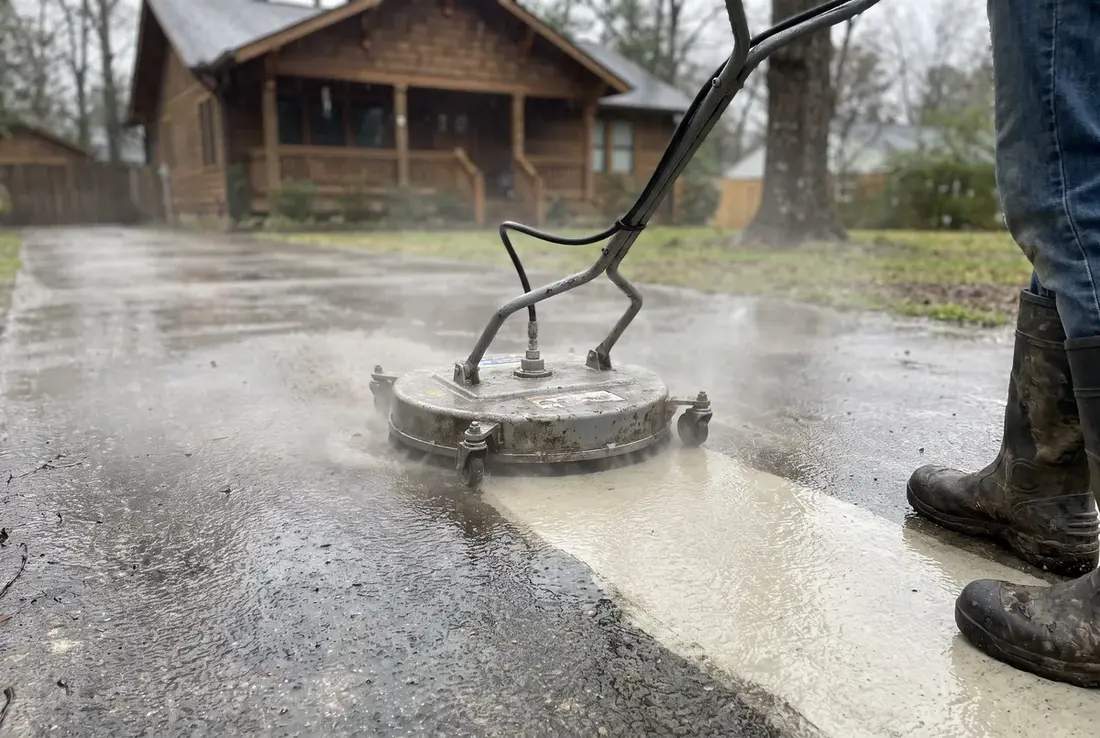 Pressure washing a concrete driveway