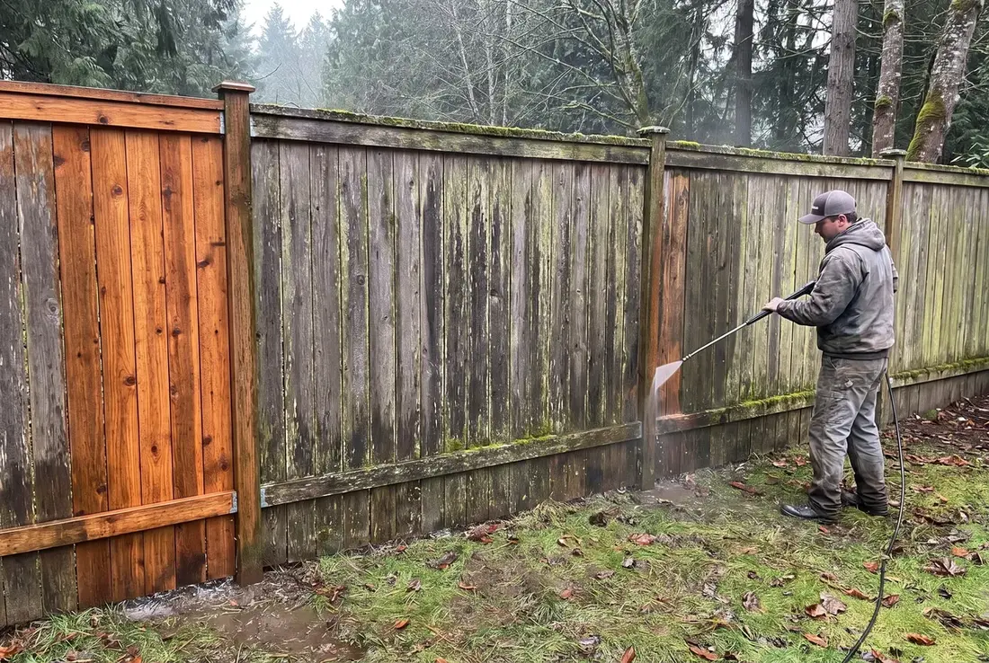 Washing a wood fence to remove algae and gray weathering
