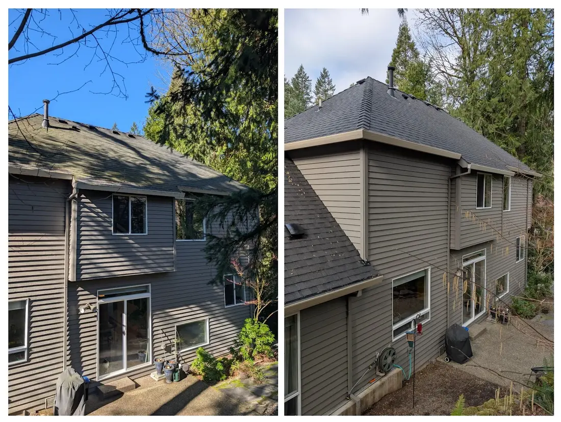 Before and after of a Fresh Roof treatment on an asphalt shingle roof