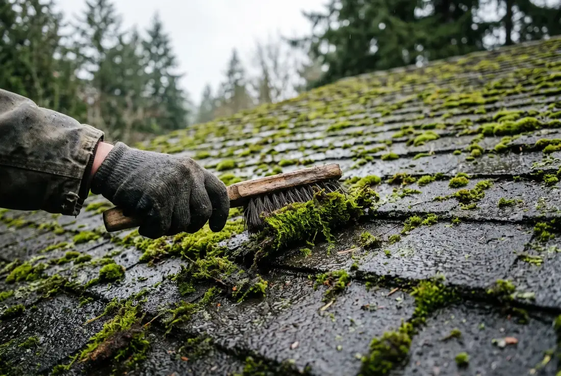 Moss being removed from an asphalt shingle roof