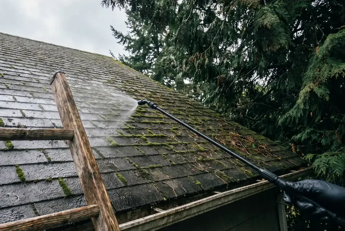 Low-pressure soft wash treatment being applied to a mossy asphalt shingle roof