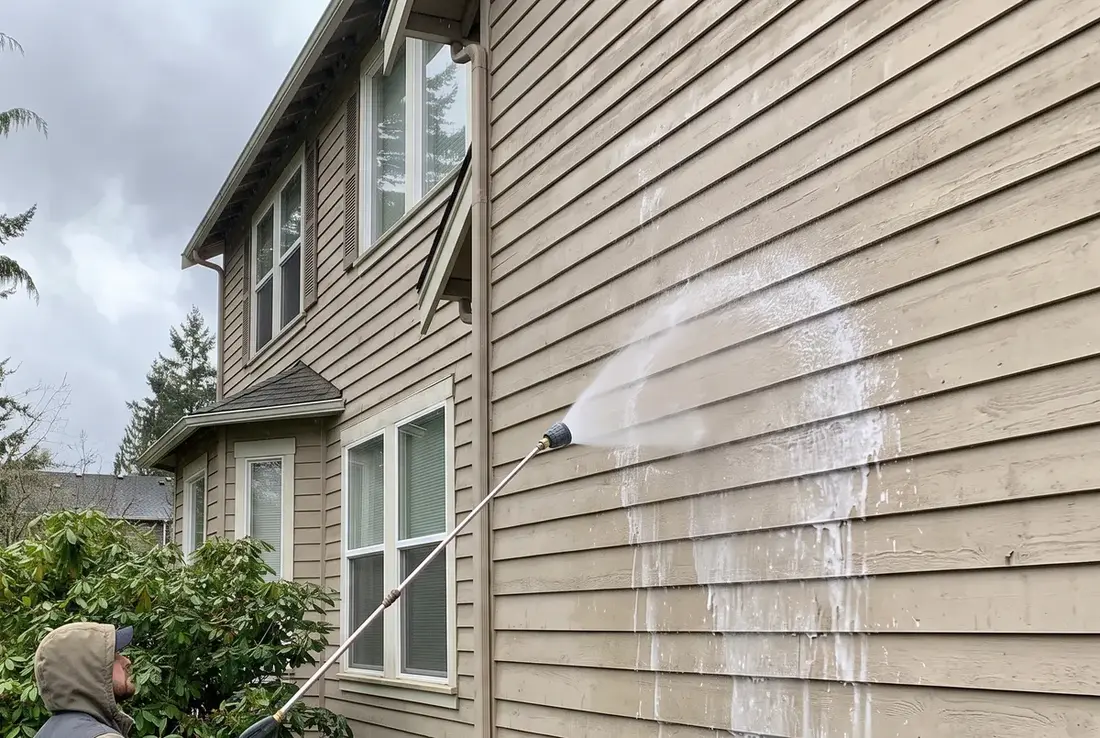 Low-pressure washing of siding on a Pacific Northwest home