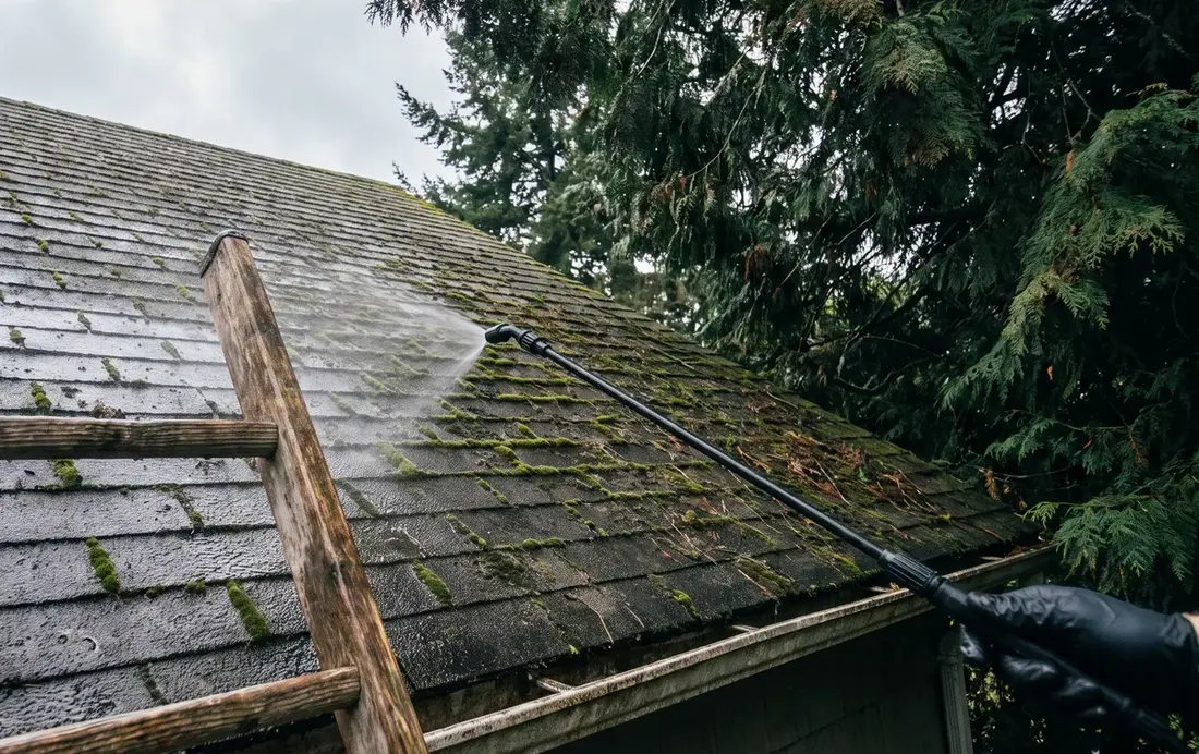 Roof cleaning in progress on an asphalt shingle roof